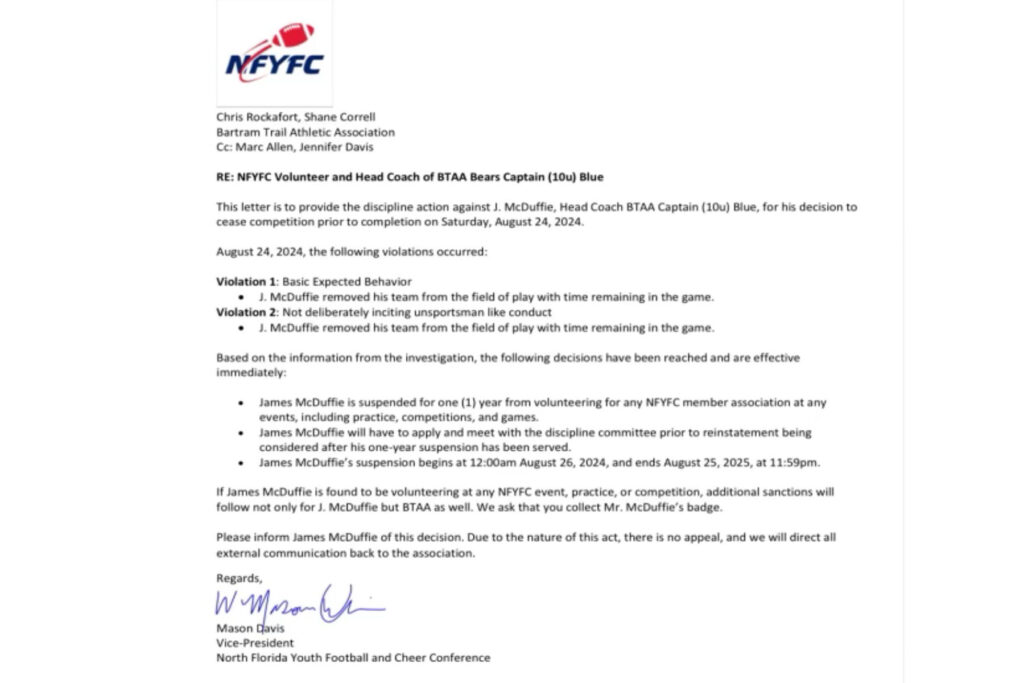 Florida youth football association suspension letter