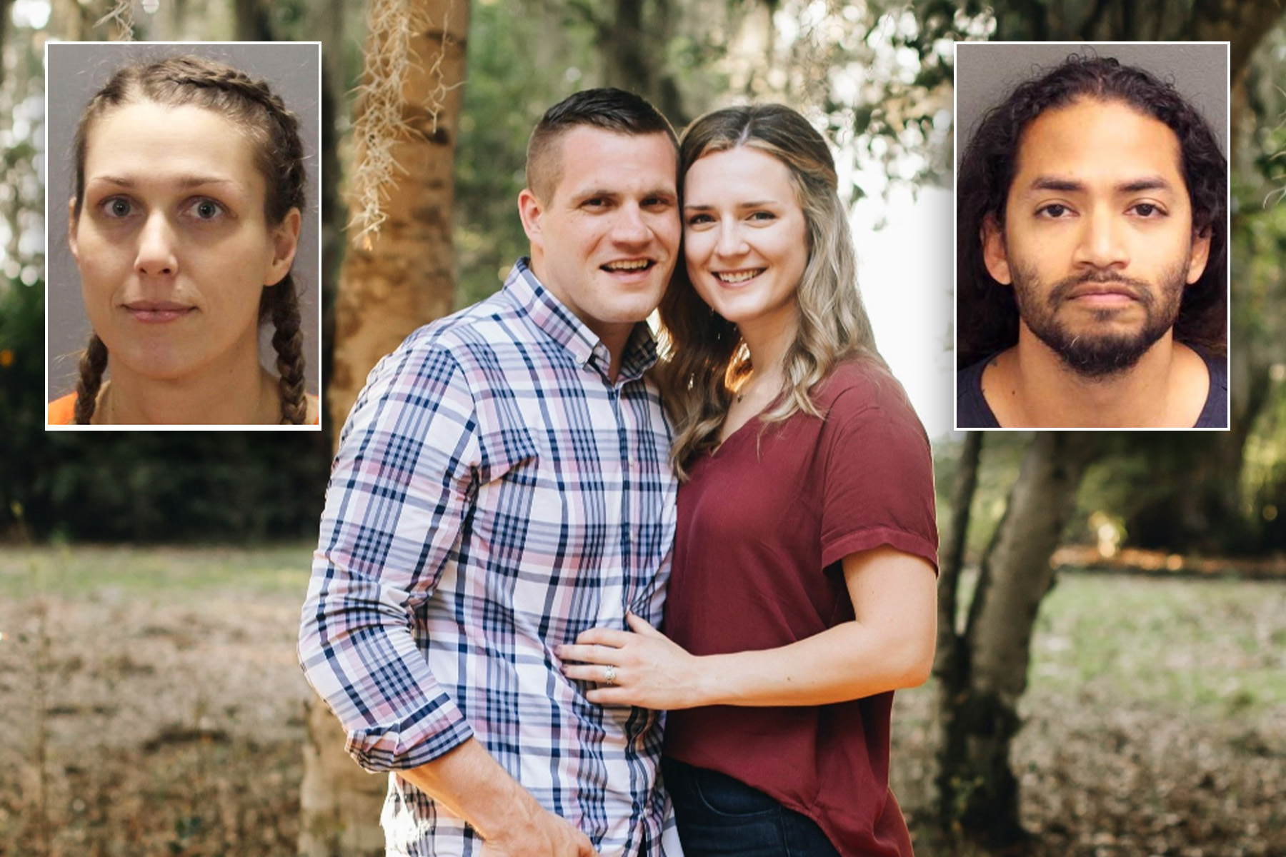 Jared and Kirsten Bridegan posing in the woods.