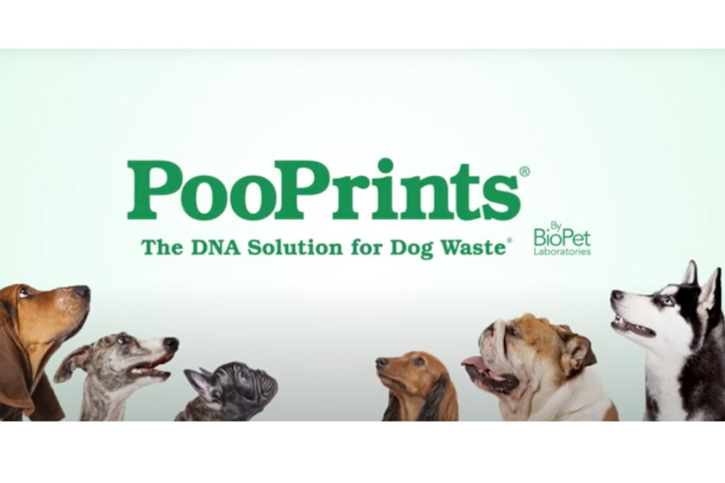 Six dogs stare at PooPrints logo.