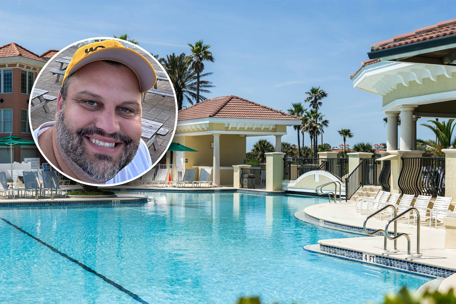 Man's face inset over pool