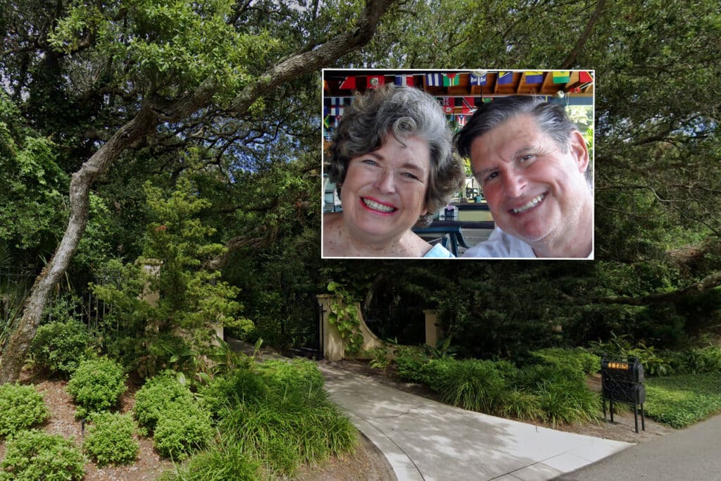 Susan and Rick Sontag inset over entrance to mansion.