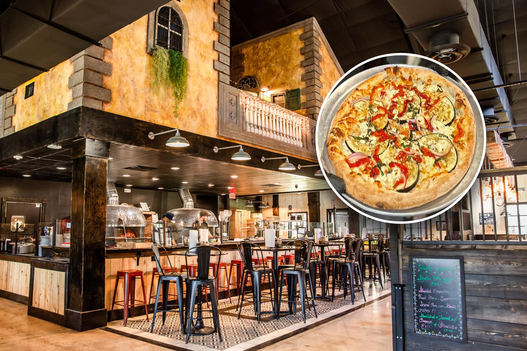 Photo of a pizza inside a pizza shop.