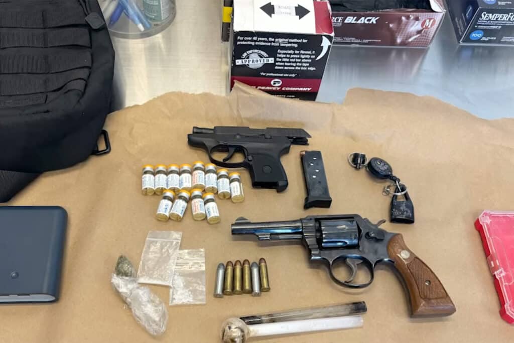 Guns and drugs found in the car of a Florida shoplifter.