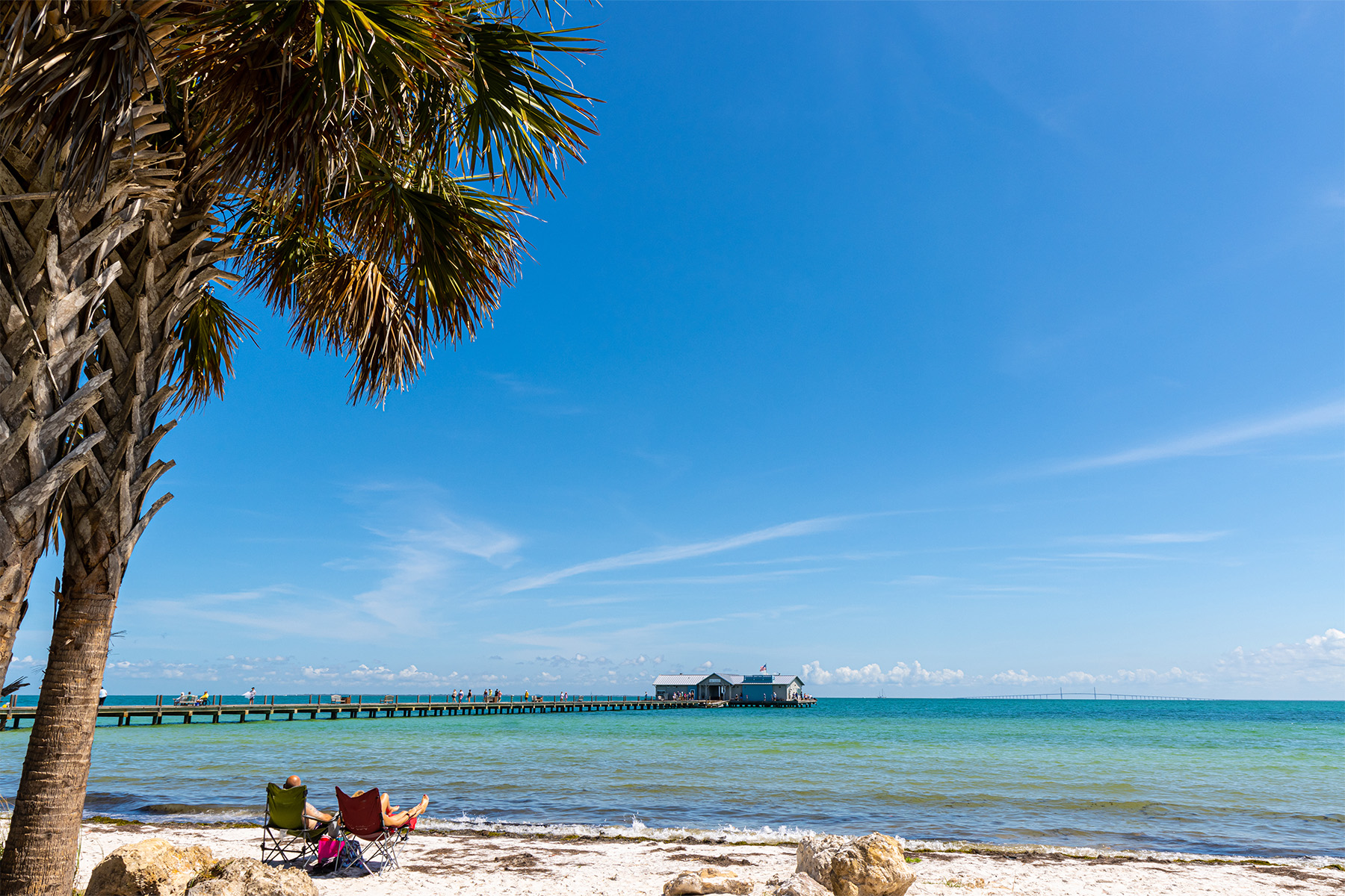 Amelia Island pier show in the distance from a palm-tree dotted beach.