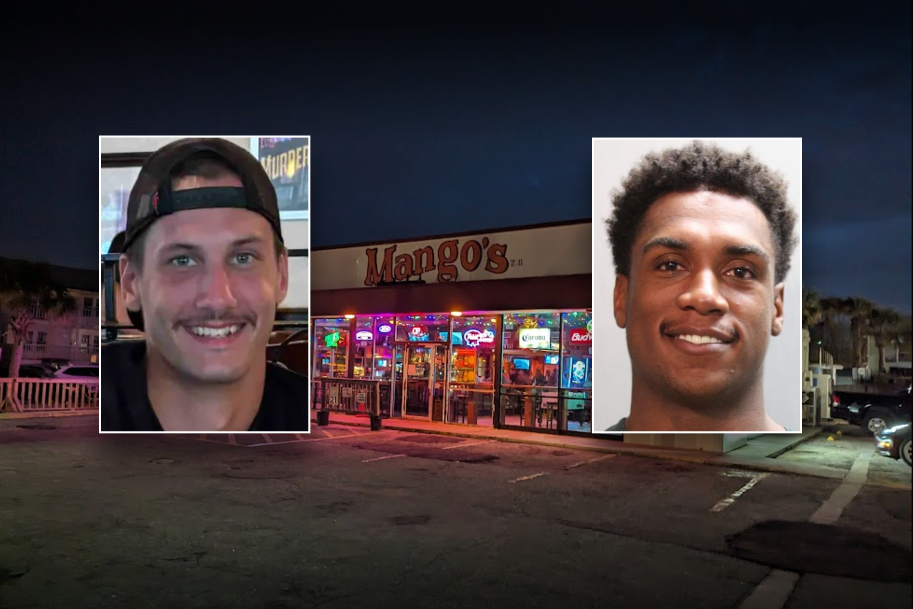 Inset photos of two men in front of Mango's Beach Bar at night.