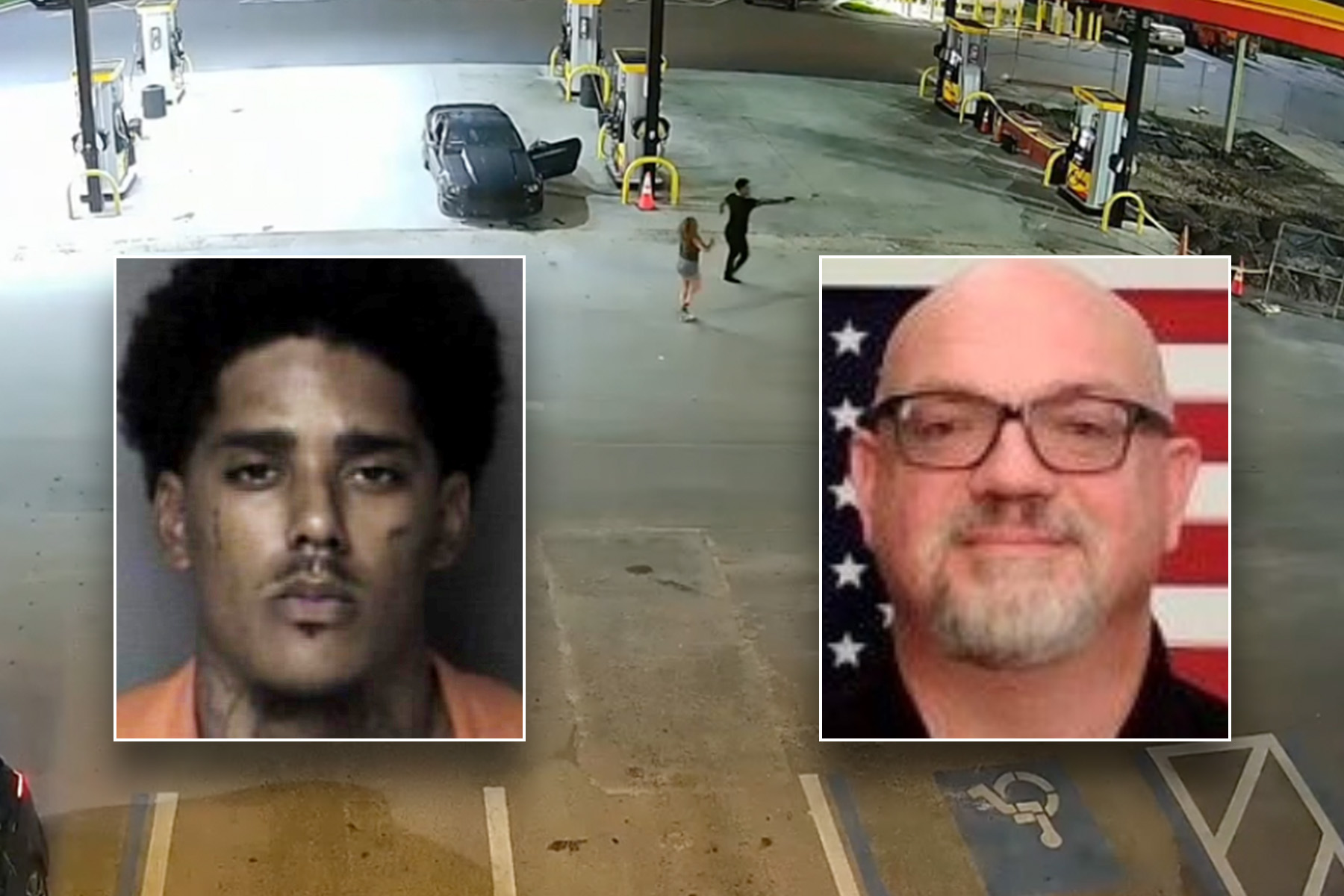 two men inset over surveillance footage of a gas station.