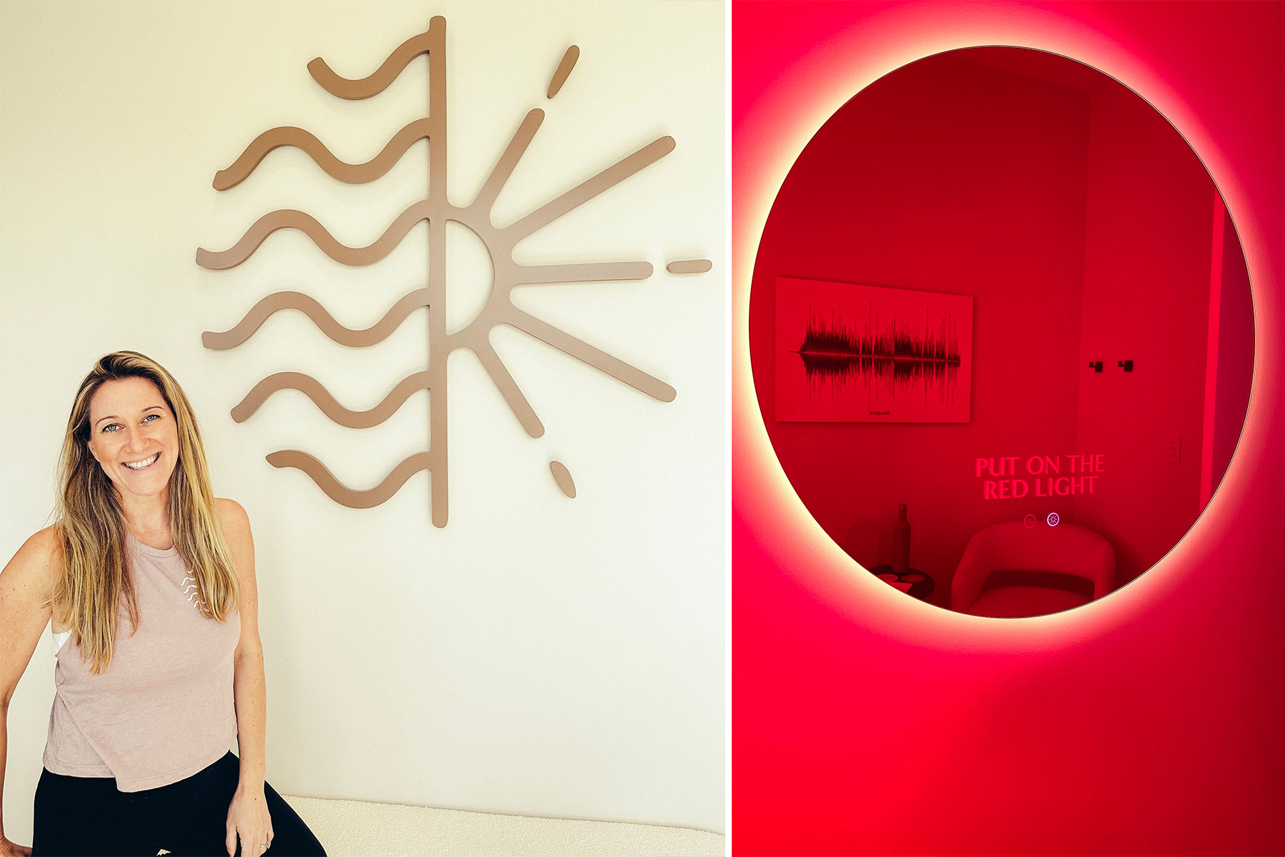 A woman poses next to a metal sign.