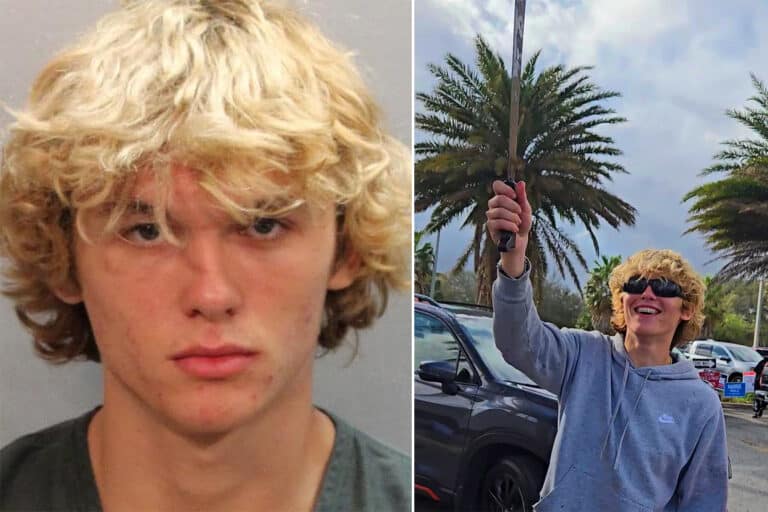 Teenage boy waving a machete.