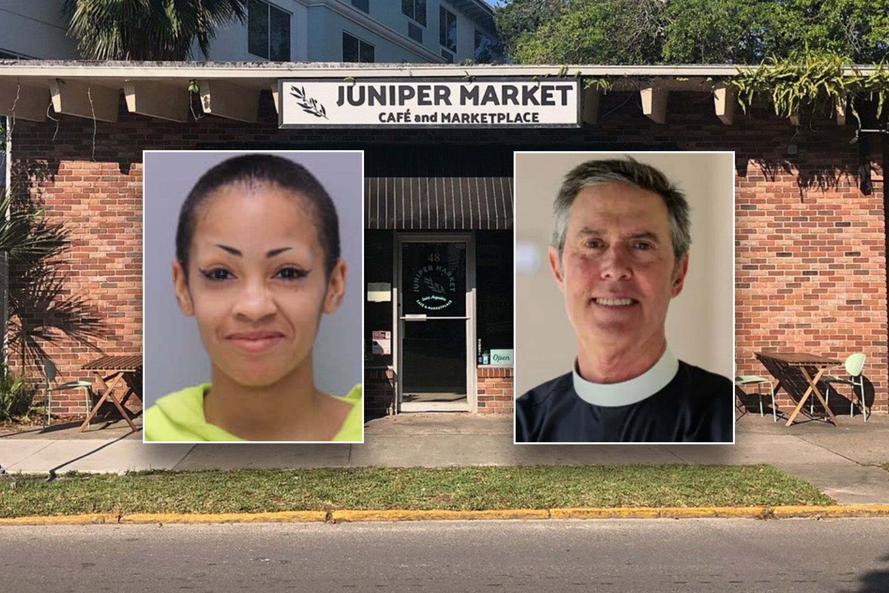 Exterior of a cafe with inset headshots of a young smiling woman and a priest.