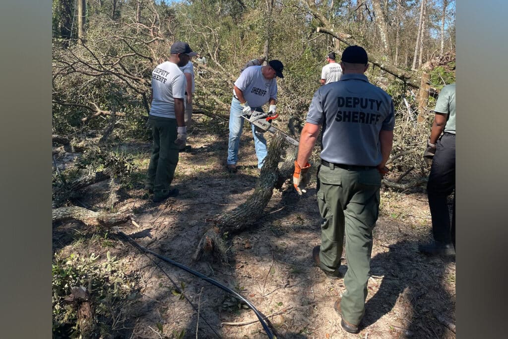 Men helping clear a fallen tree.