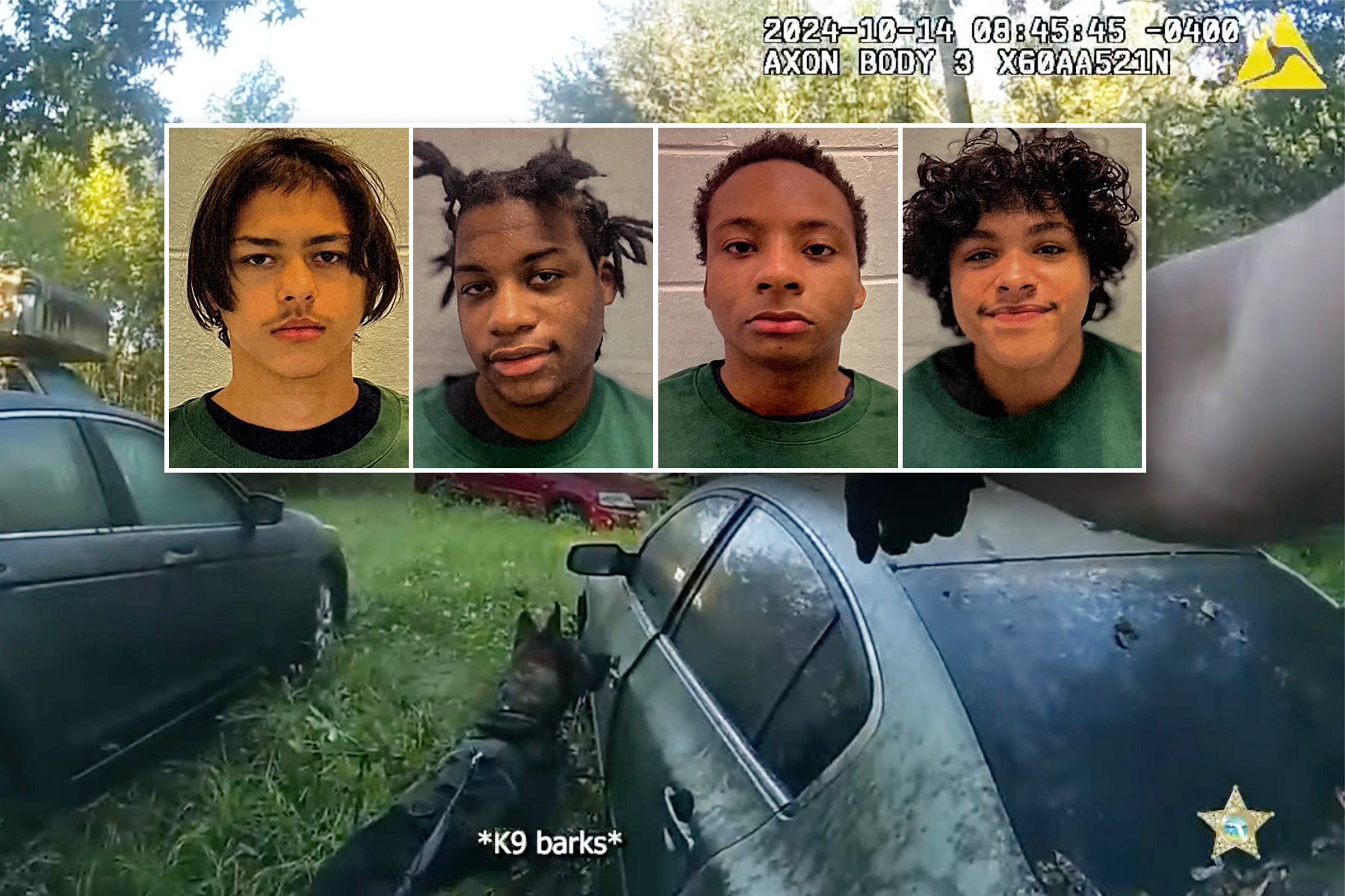 Booking photos of four teenagers embedded in a screenshot from surveillance footage.