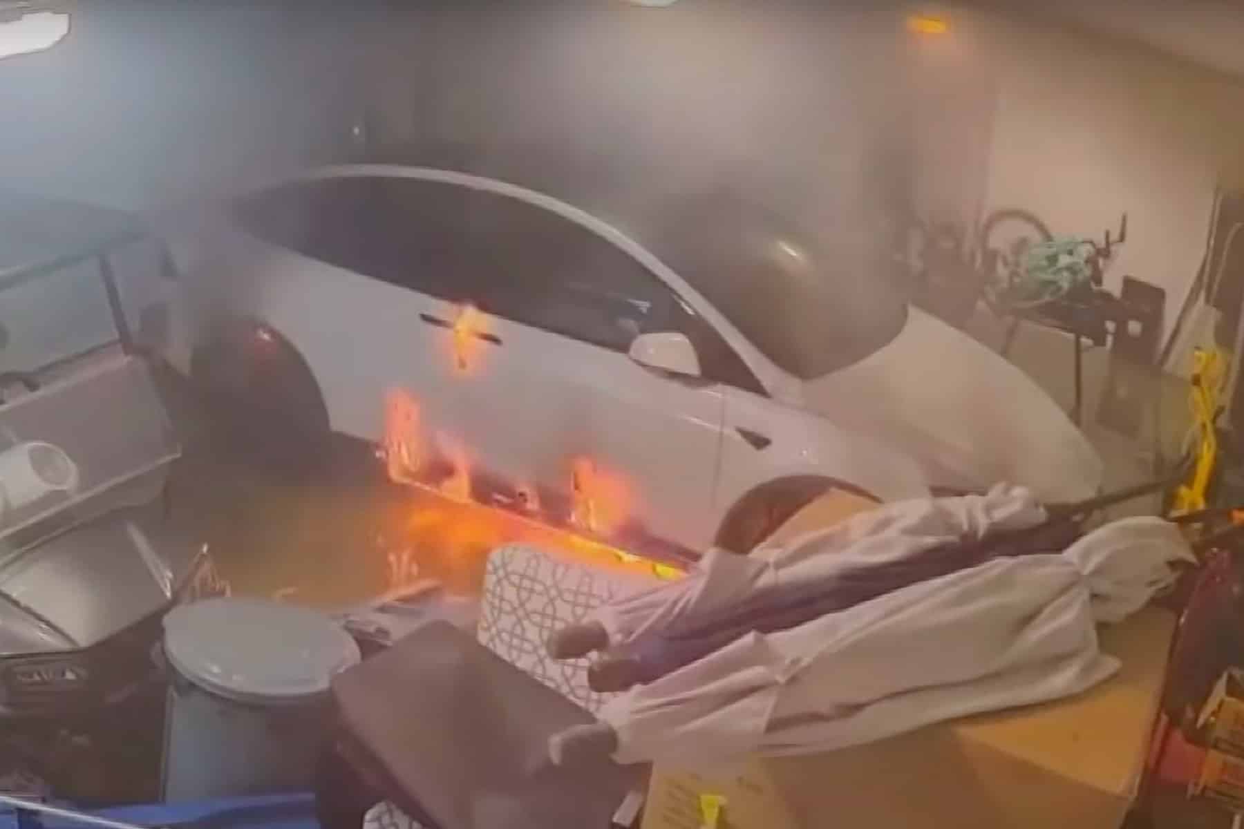 Tesla in flames in a Florida garage.