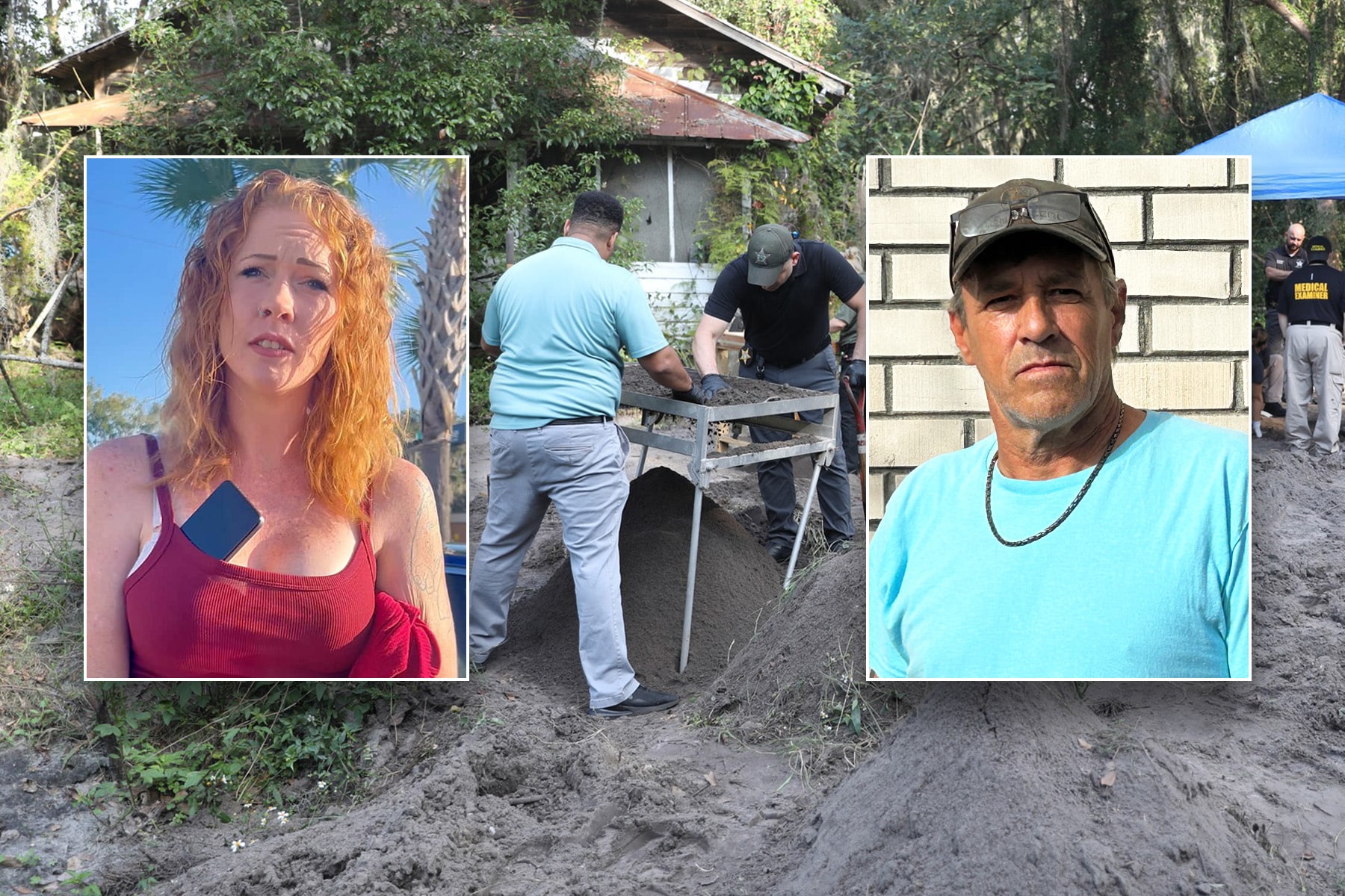 Woman and man inset over authorities sifting dirt.