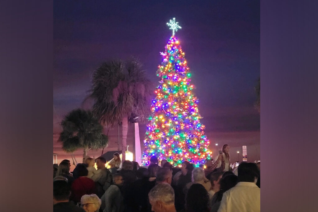 Fernandina Beach Christmas tree at night.