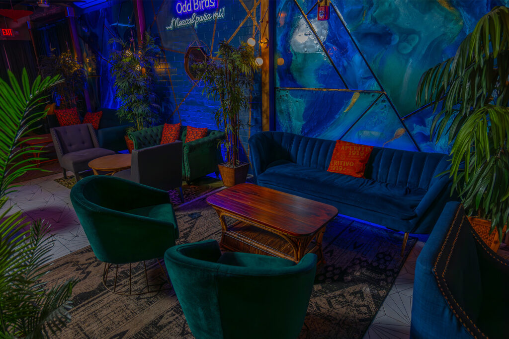 Velvet chair seating area in a darkened bar.