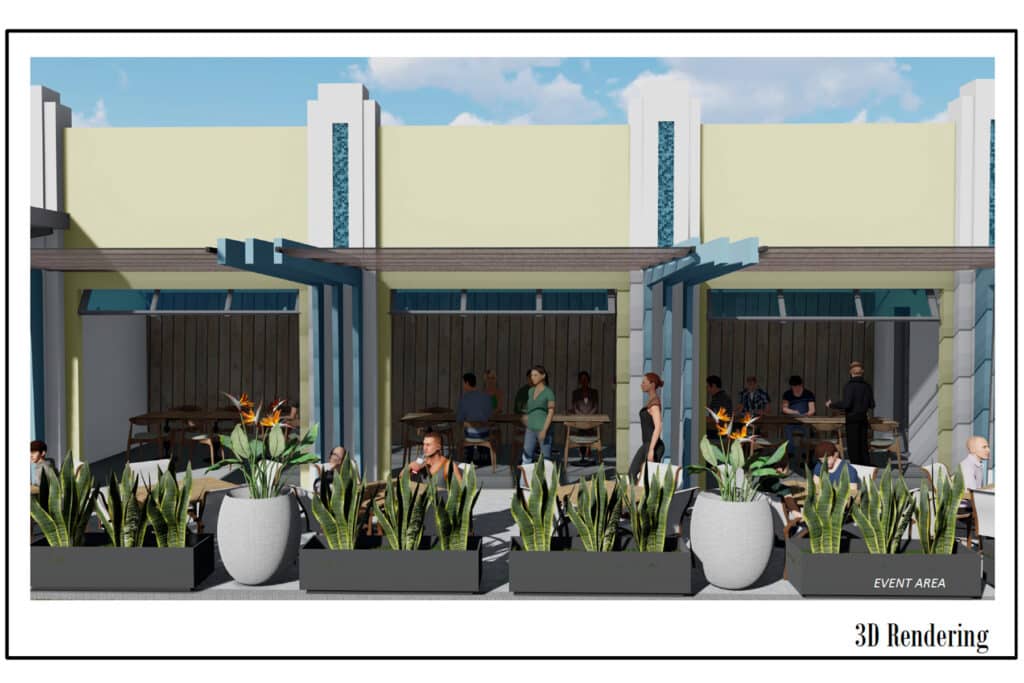 Rendering of Snapper's event space showing people and plants.