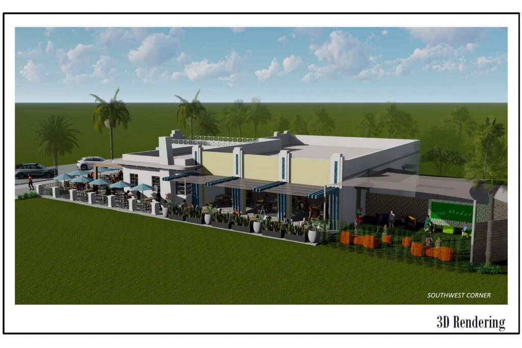 Rendering of Snapper's patio area with a large green lawn.