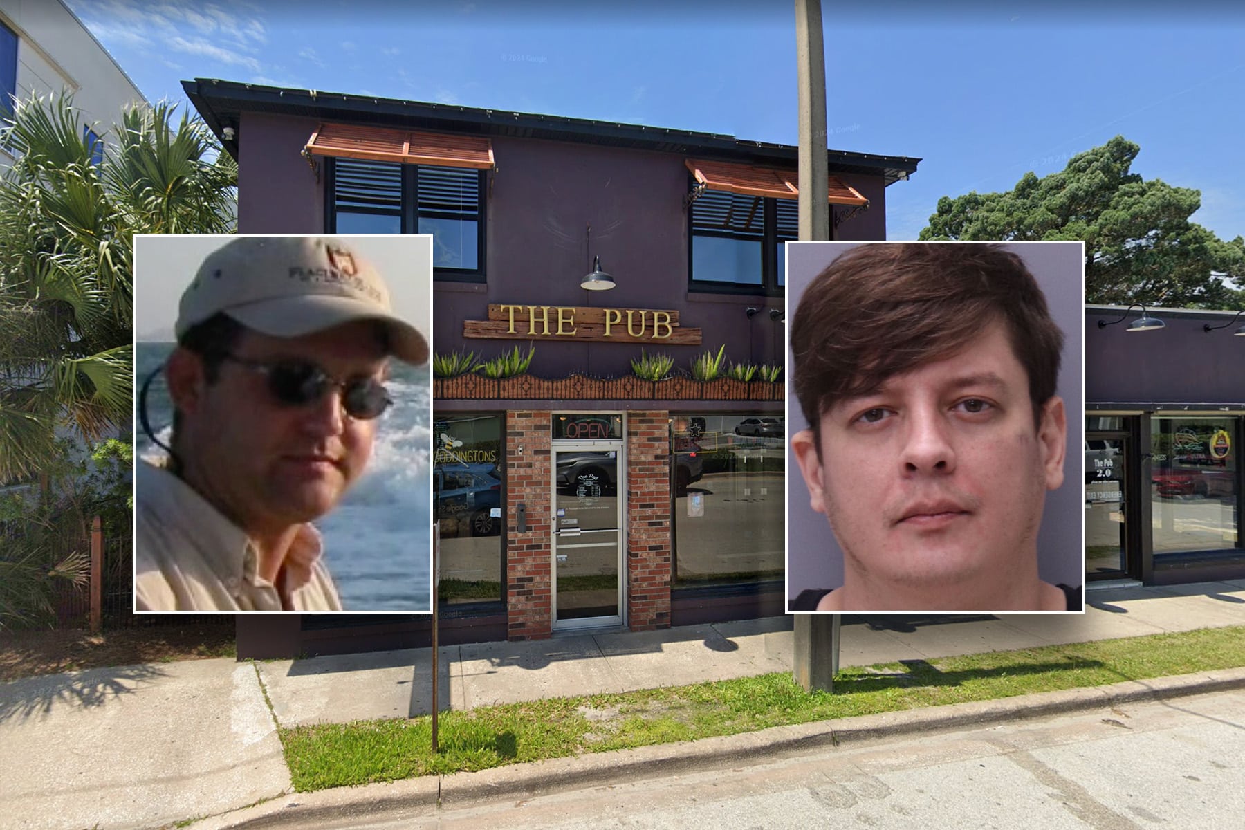 Inset of two men in front of a purple building.