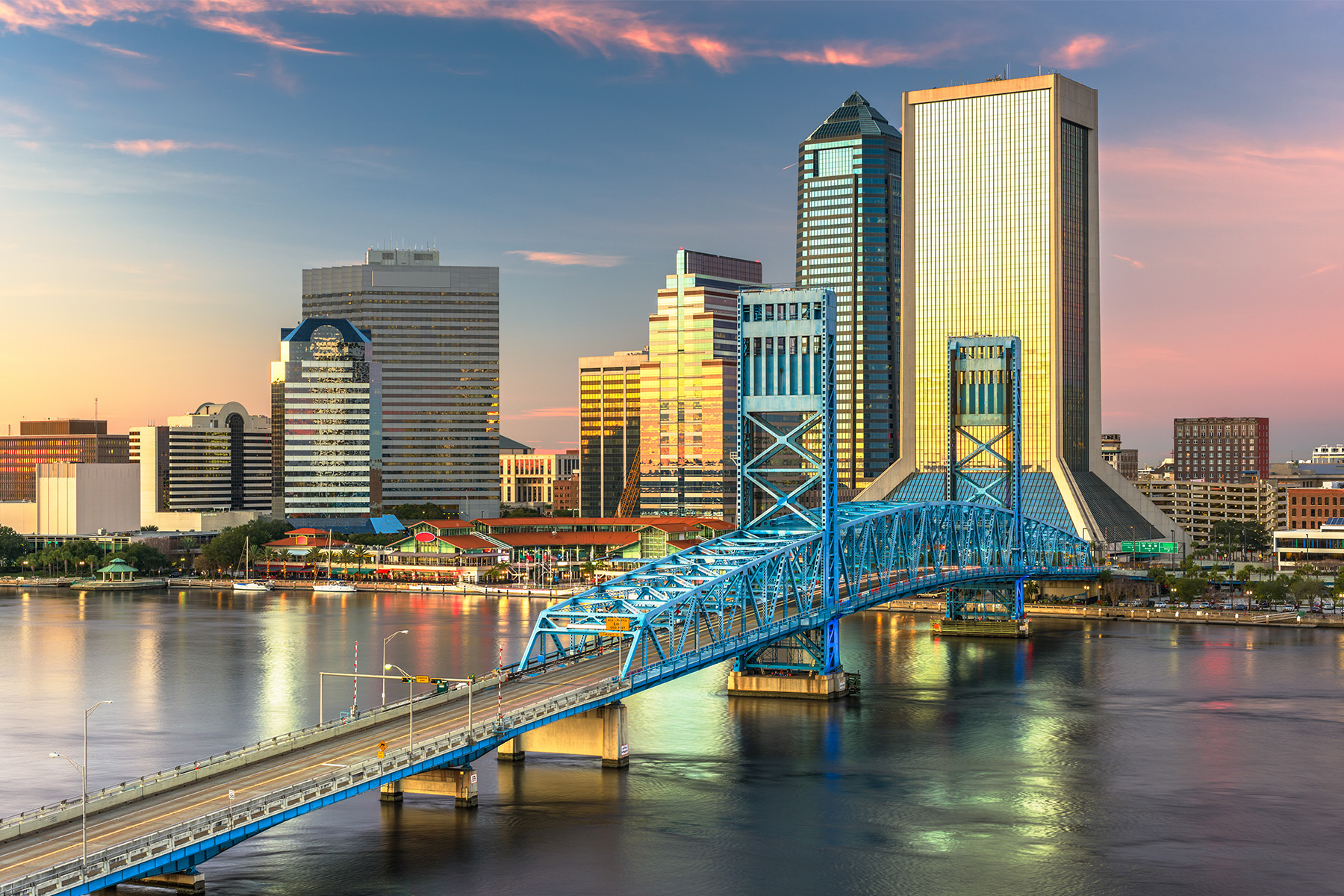 Aerial view of Jacksonville, Florida, at sunset.