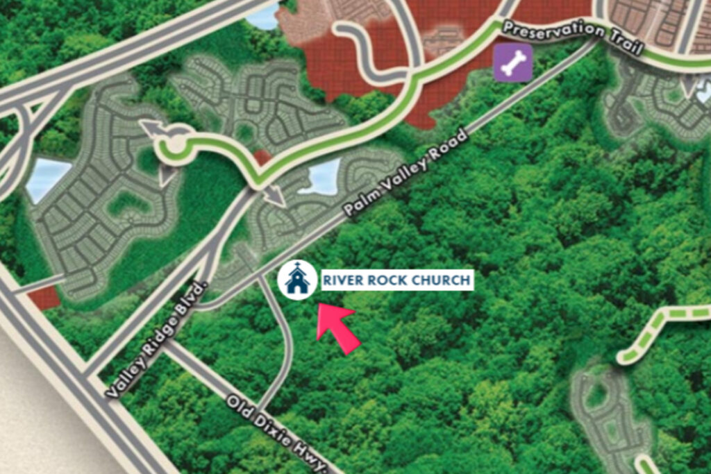 Map showing locaton of River Rock Church off Palm Valley Road.