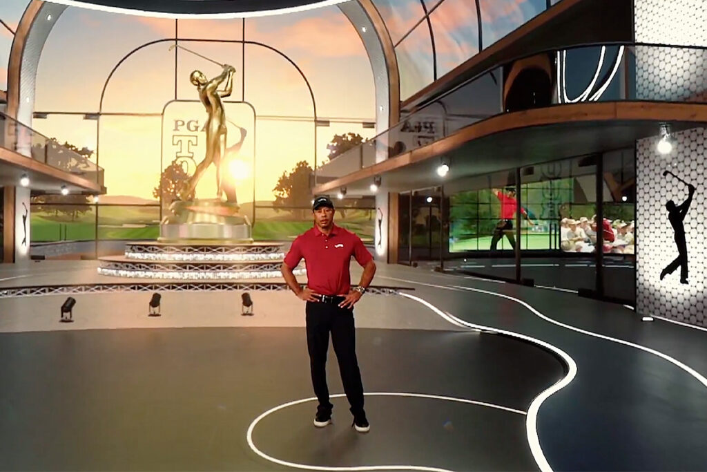 Tiger Woods in front a glass window.