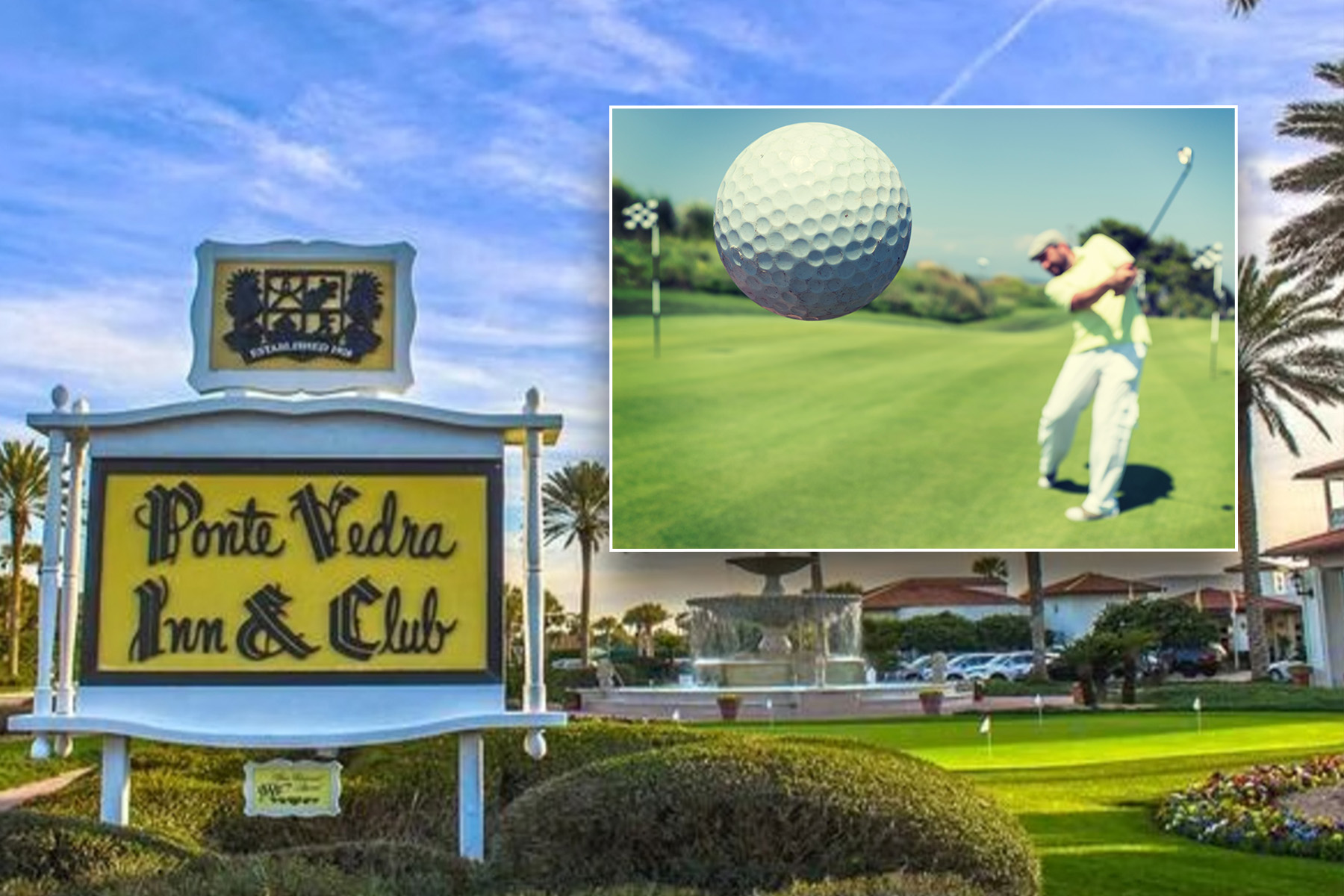 Man hitting a golf ball next to the Ponte Vedra Inn & Club sign.