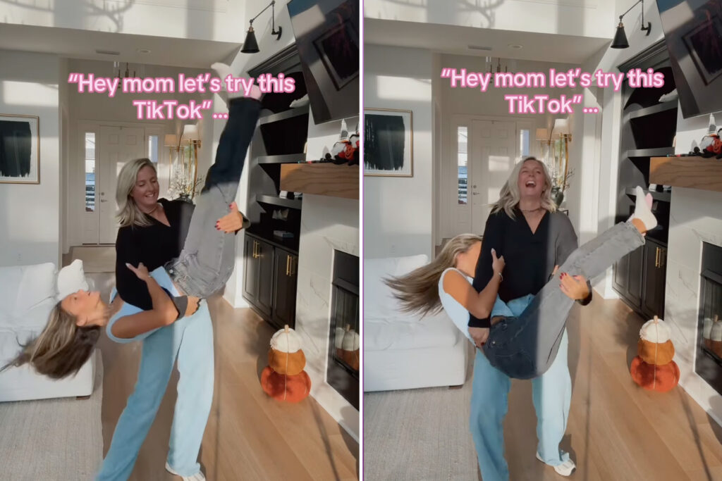 Mom picks up daughter in screenshots from a video.