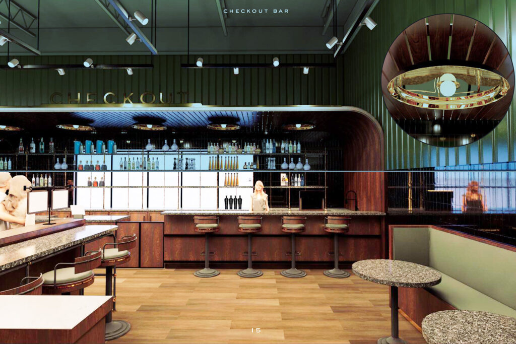 Rendering of a sleek bar with wood panelling, green upholstered chairs and a light wood floor.