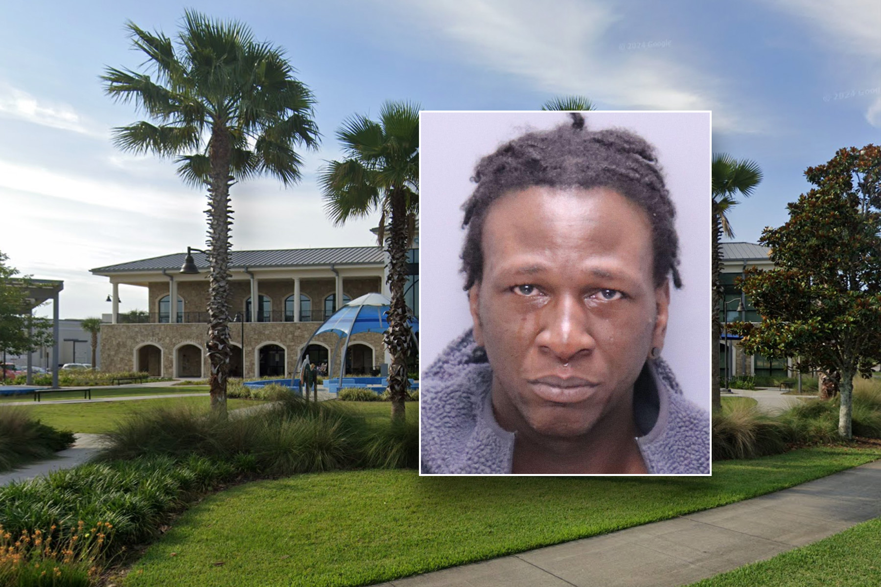 Inset of man over a large building flanked by palm trees.