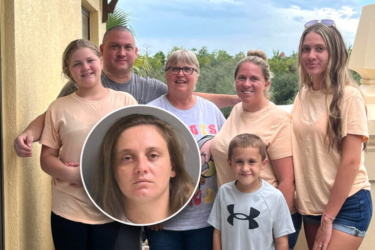 Six family members smiling outside with inset of a grump looking woman.