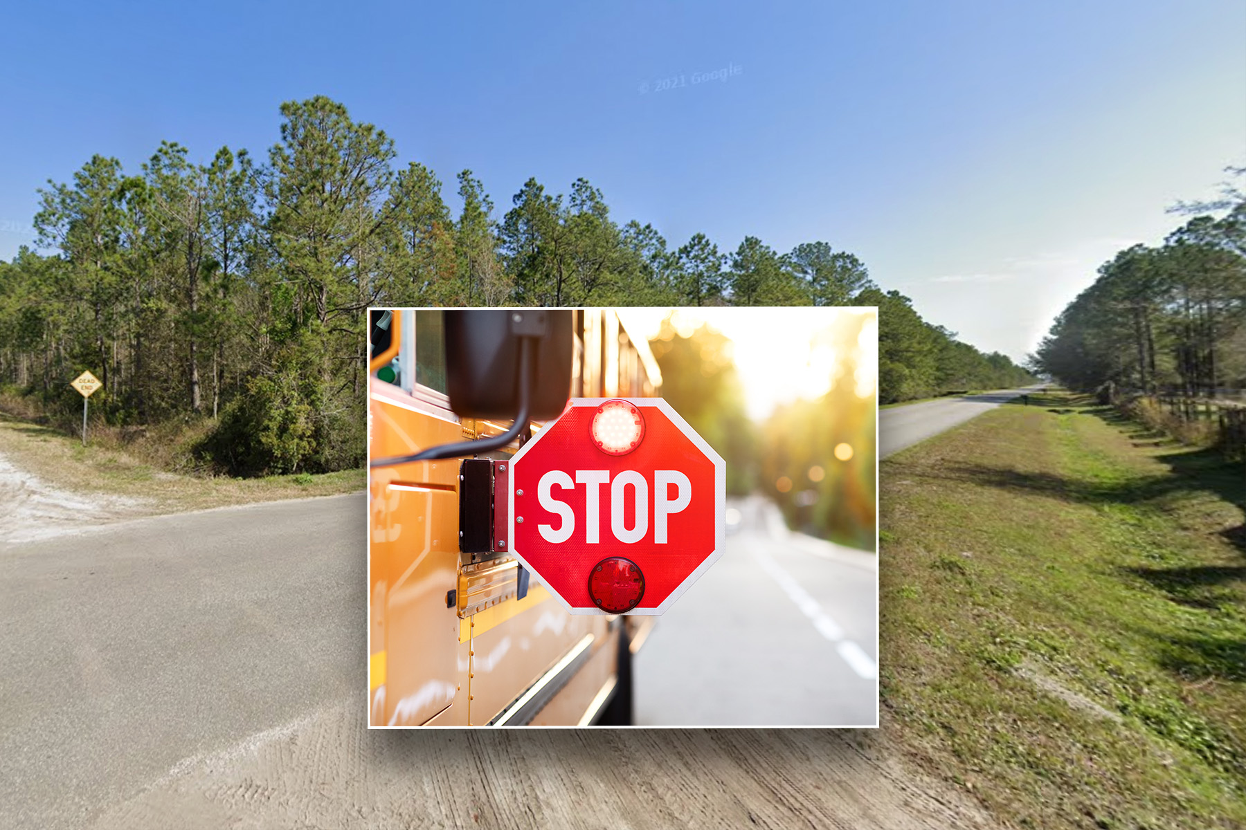 Intersection of a roadway with an inset of a stop sign.