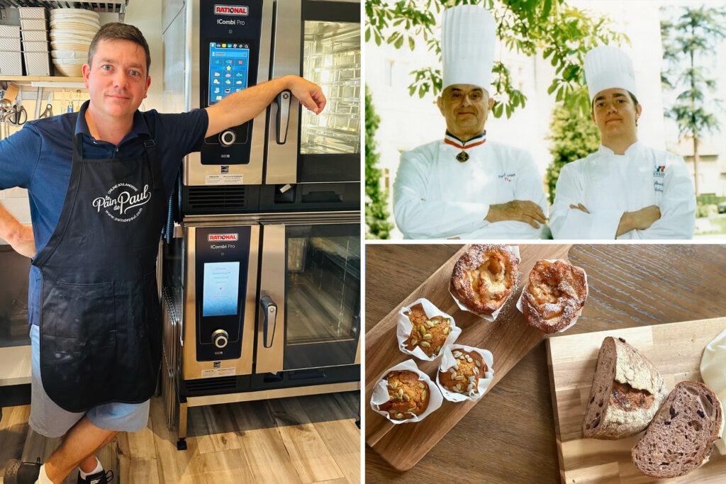 Photo collage of a chef next to an industrial oven, two chefs wearing tall white hats posing together and a selection of baked goods.