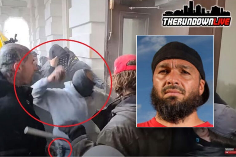 Inset of man wearing a black cap over scene of protesters.