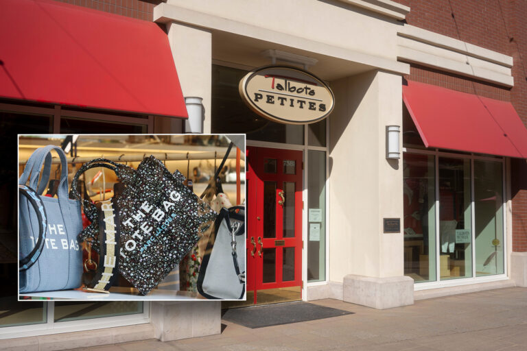 A storefront with a red awning an an inset of a bag.