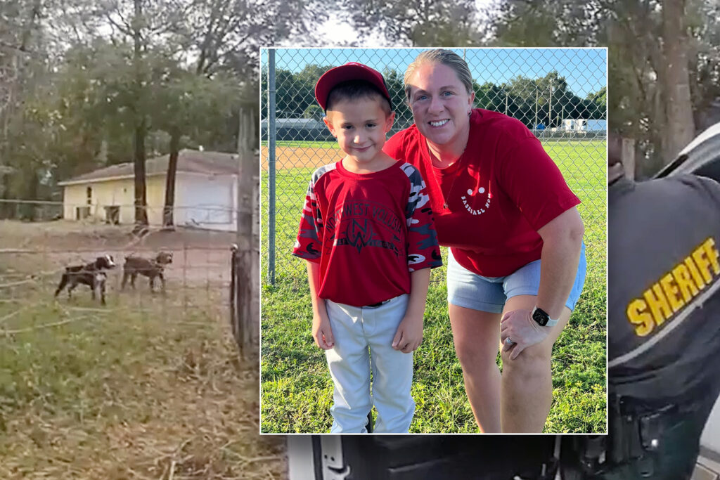 Mother and son wearing red shirts inset over two dogs.