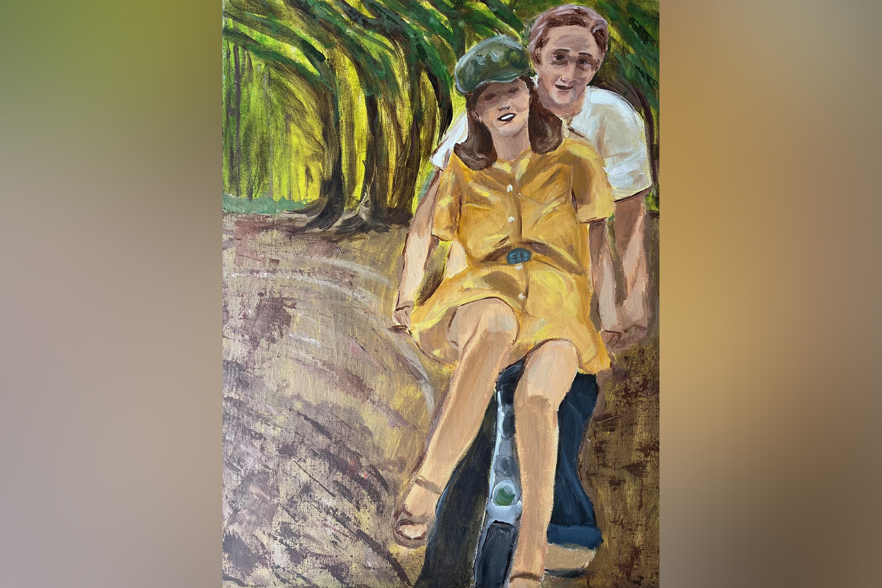 painting of a man and woman on a bike