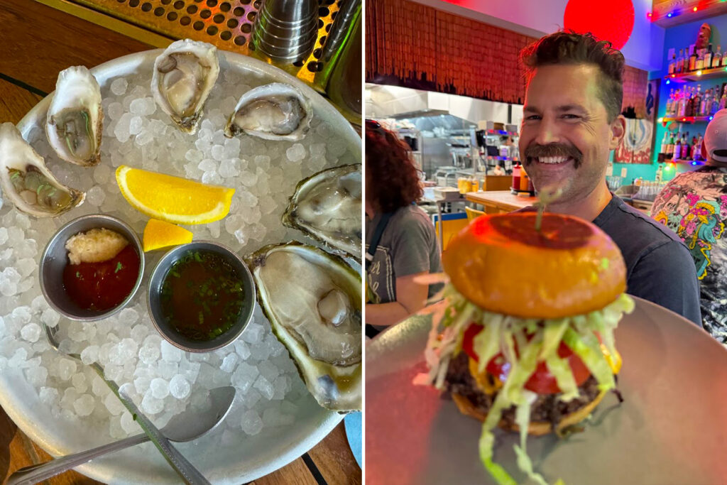 Side-by-side of a close up of oysters and a man holding a burger.