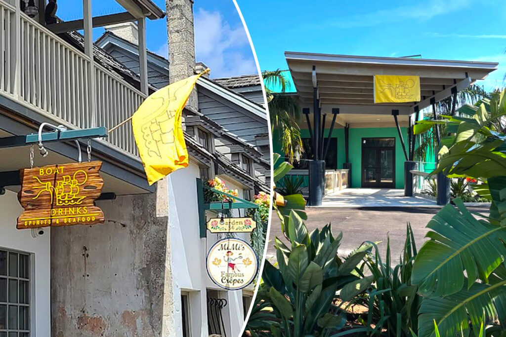 Side-by-side images of the exterior of an eatery with a yellow flag sign showing a sailboat.