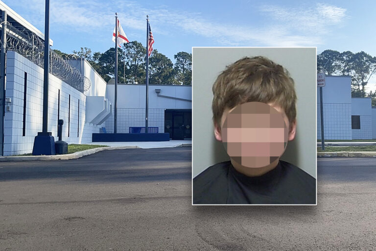 Boy with blurred face inset over a juvenile detention facility with a Florida and U.S. flag.