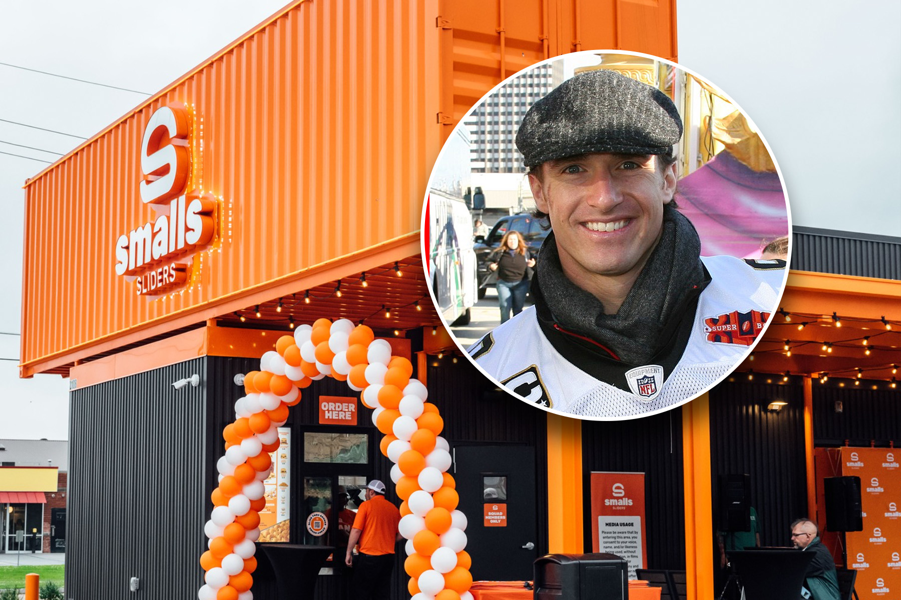 Picture of Drew Brees and a burger restaurant.