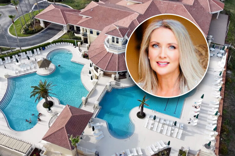 Woman's headshot inset over aerial view of building with pool.