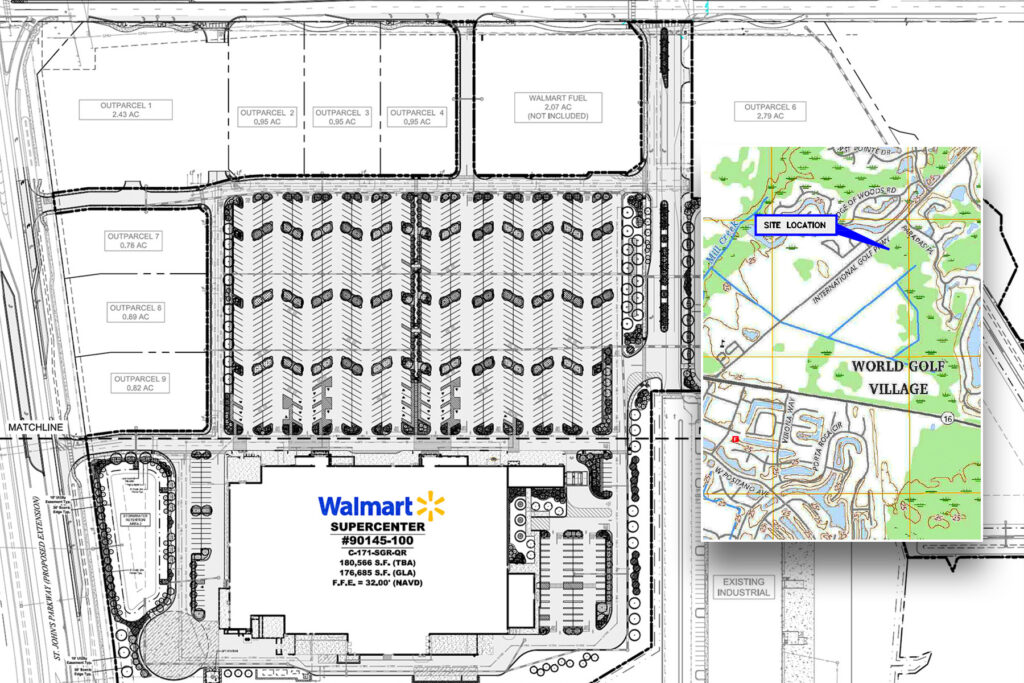 Aerial diagram showing Walmart and the surrounding outparcels.