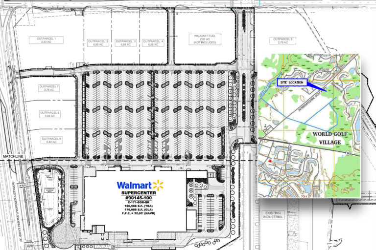 Aerial diagram showing Walmart and the surrounding outparcels.