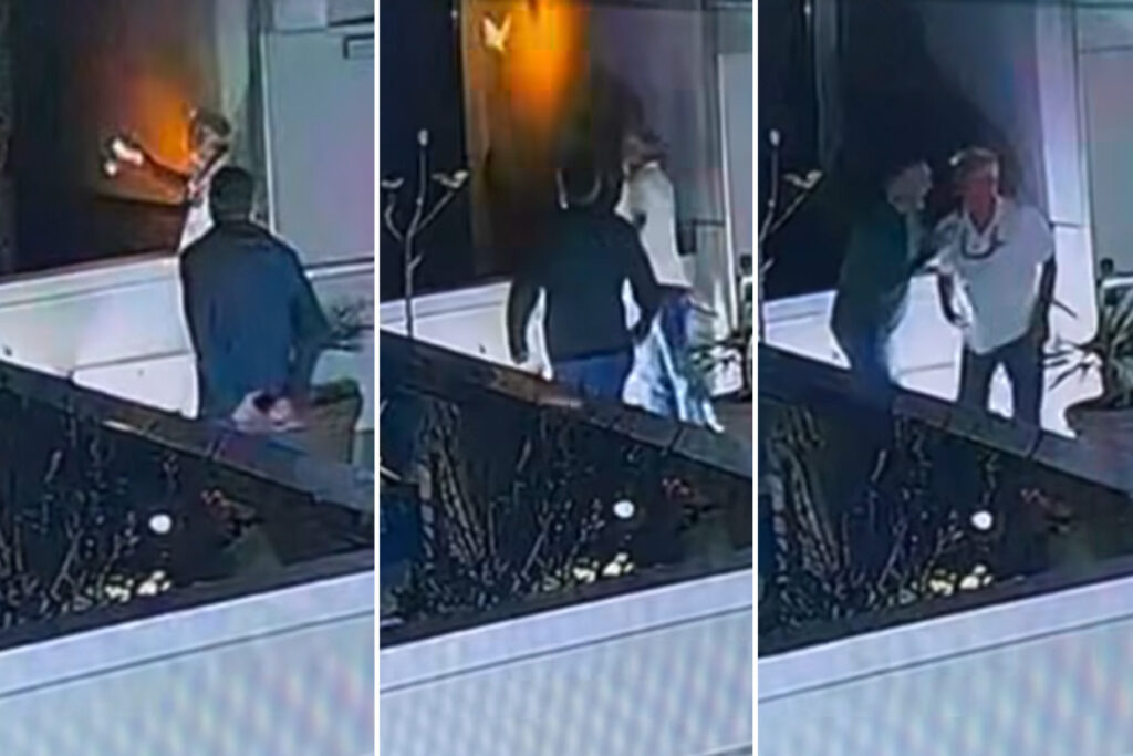 Grainy stills from surveillance footage showing a man toss an object off a rooftop.