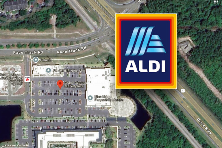 Aerial map with a blue and orange Aldi logo inset overi t.