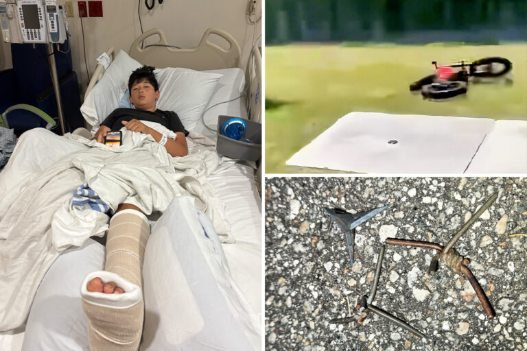 Composite of kid, bike, and metal spike