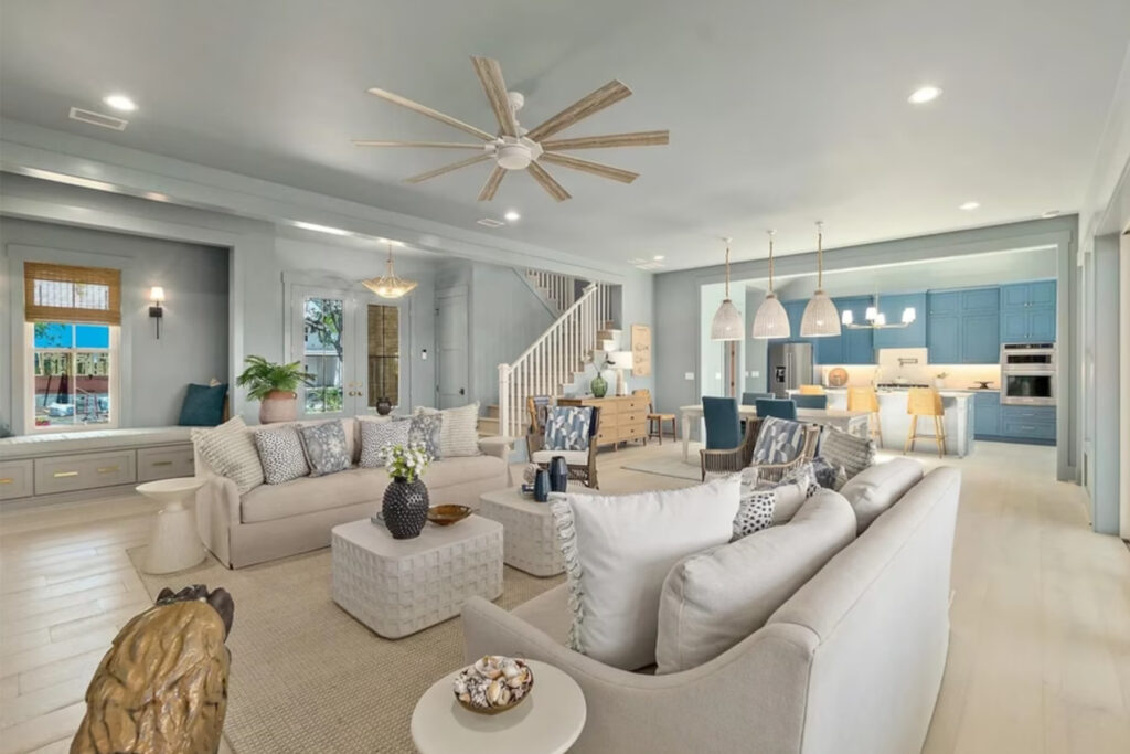Living room with white furniture.