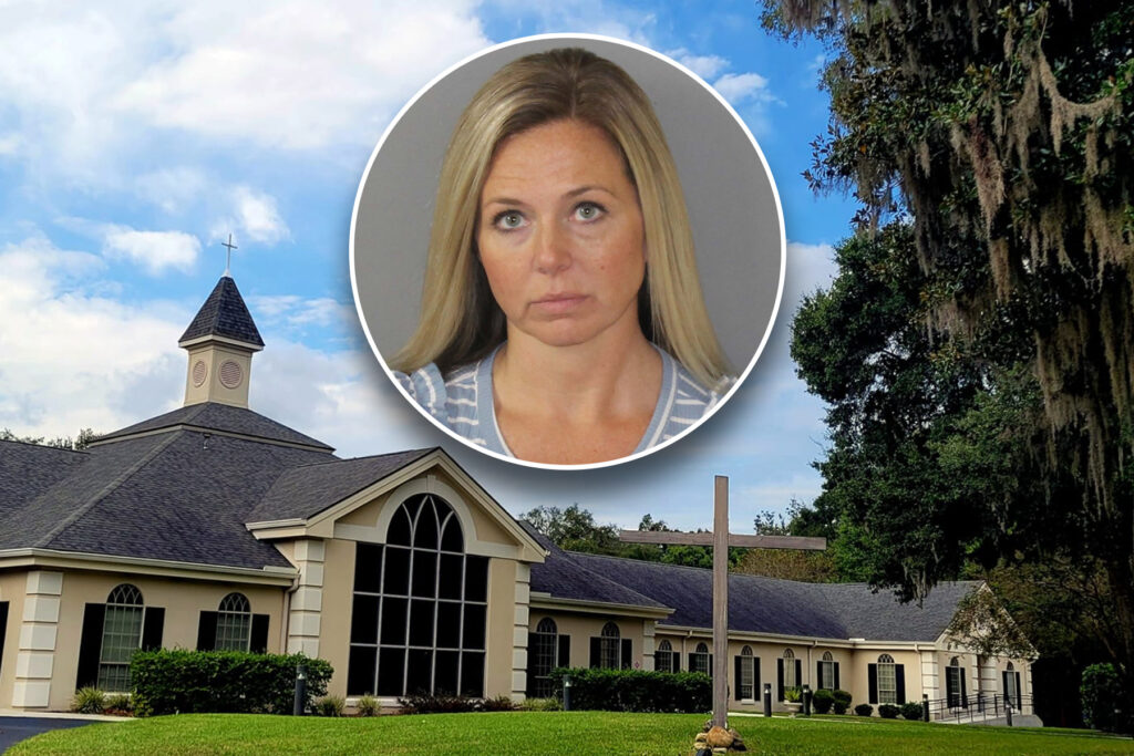 Picture of a blonde woman superimposed over a church