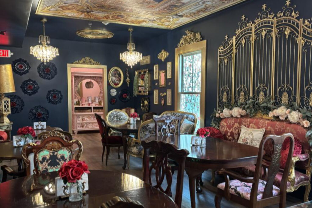 The interior of a St. Augustine restaurant with Victorian decor.