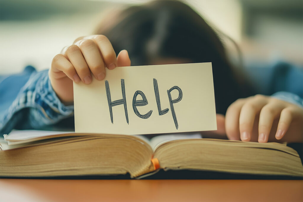 Student holds HELP sign over book at desk.